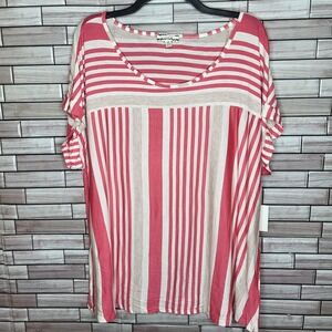 NEW Corvia Women's Plus Size 2X Blouse Pink White Stripes Shirt Short Sleeve Top
